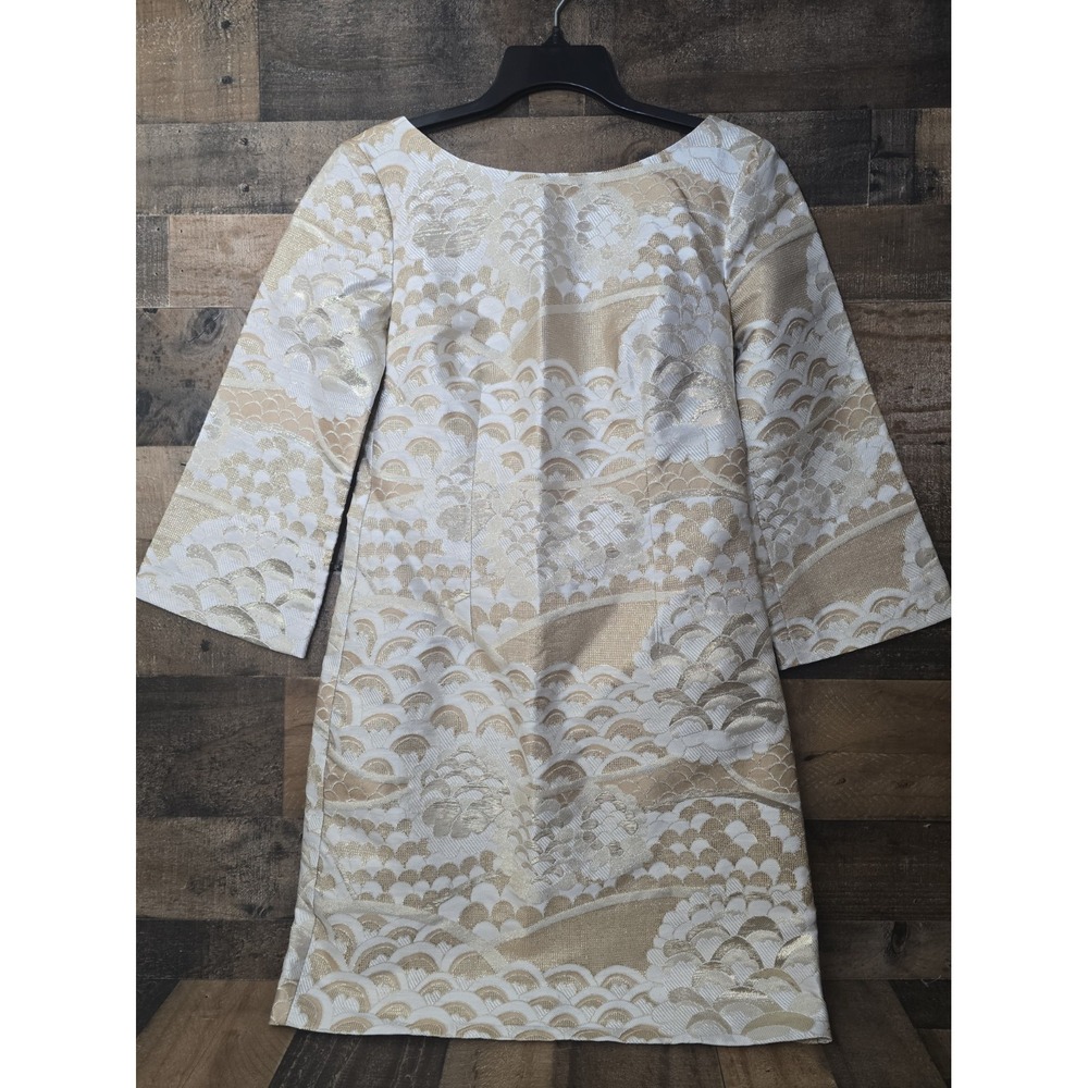 Trina Turk Metallic Brocade Cocktail Shift Dress Women 4 Gold & Ivory 3/4 Sleeve